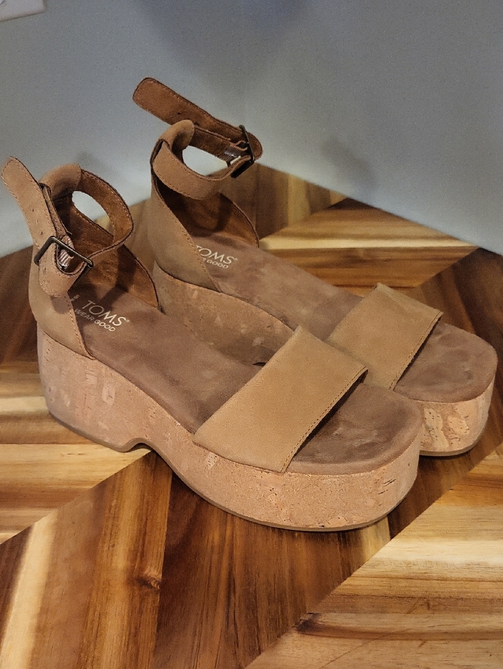 TOMS Brown Cork Platform Ankle-Strap Sandals